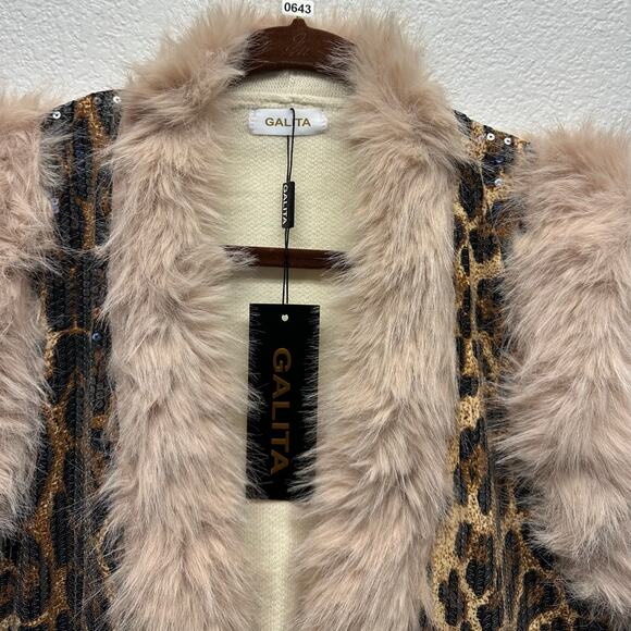 NWT, Women’s One-Size Leopard Sequin Faux Fur Trim Vest, K643 - Picture 3 of 14